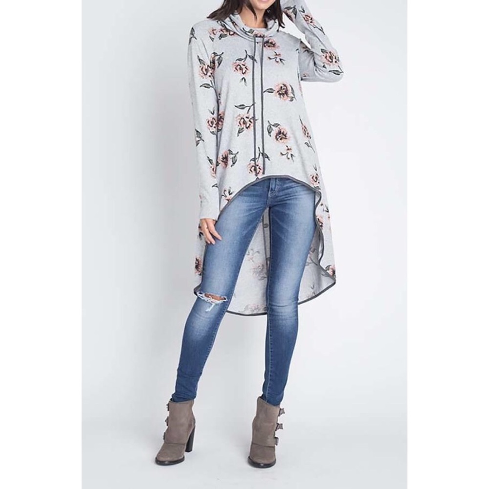 Gray Floral Hi-Lo Cowl Neck Sweater